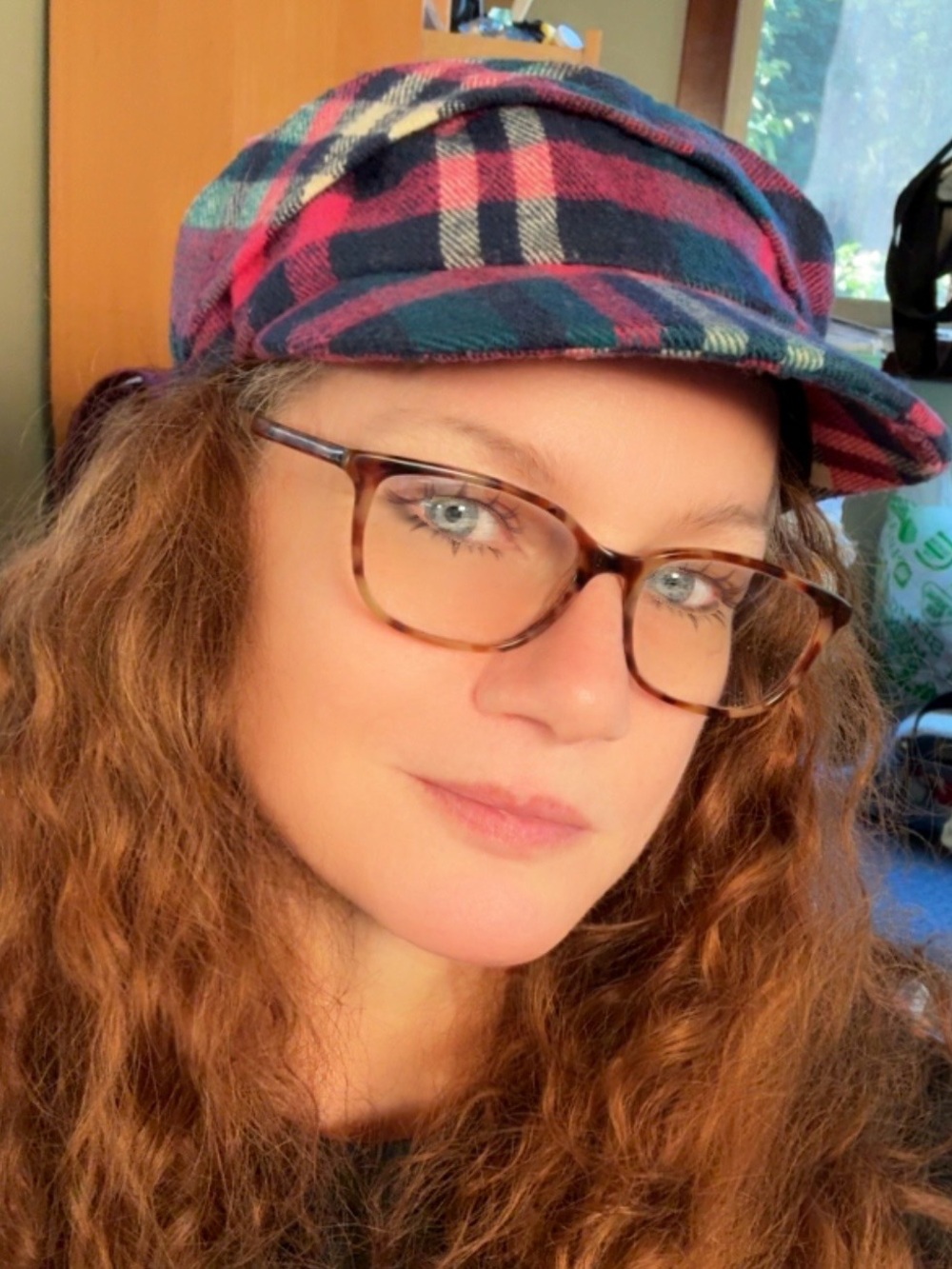 D&Y Plaid Cadet Cap Pink & Blue Wool Blend Military Newsboy Hat OS Y2K Retro